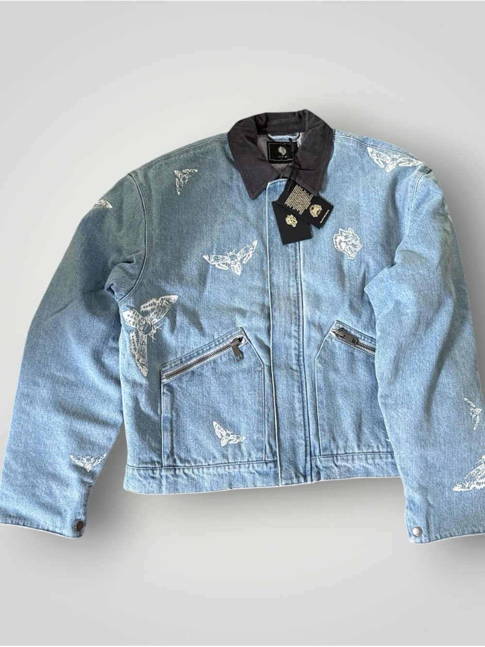 Darc Sport Light Blue Denim Bomber Jacket with White Embroidered Motifs